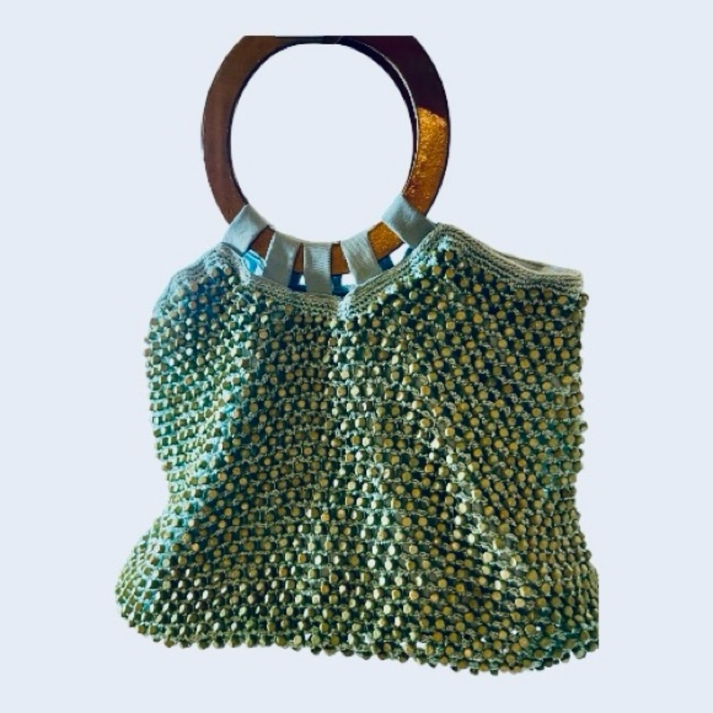 SAK Chic Vintage Beaded Bag with Wooden Handle, Light turquoise
